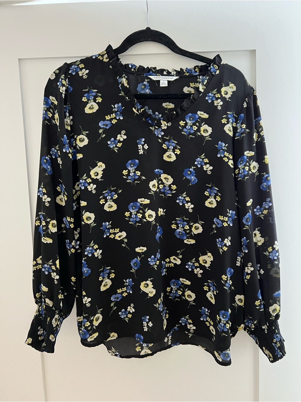 Counterparts Black Floral V-Neck Long-Sleeve Blouse